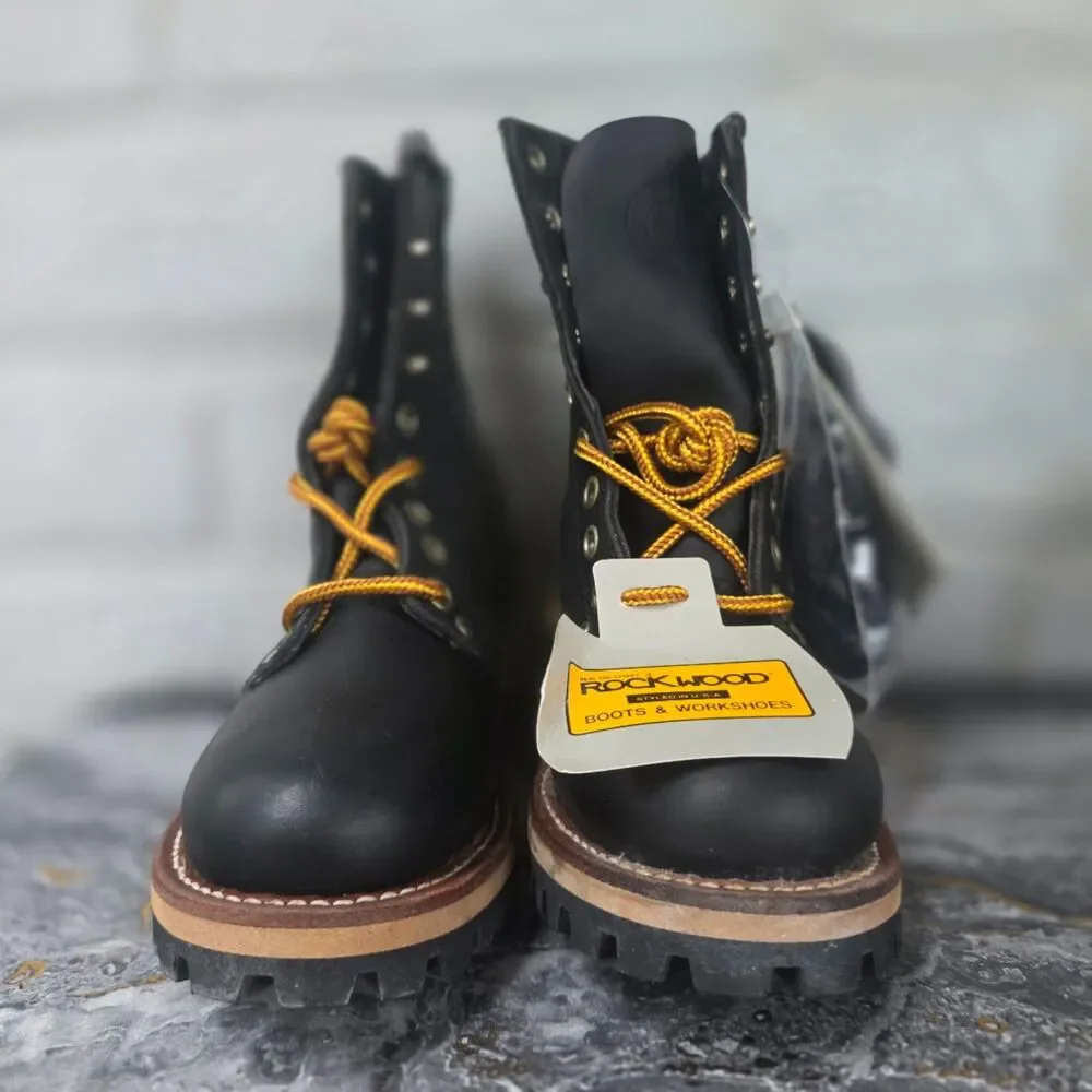 Rockwood 8071 Vintage Black Leather Logger Work Boots Made in Korea Youth Size 2